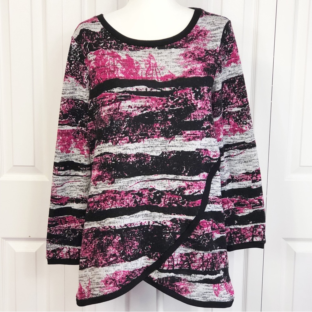 Style & Co. Gray Pink Print Crossover Front Tunic Sweater Large